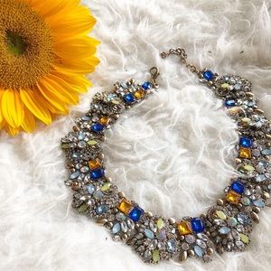 Rhinestone statement necklace bib blue orange